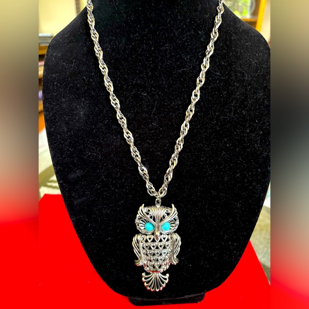 Silver Owl Pendant Chunky Chain Necklace, Vintage